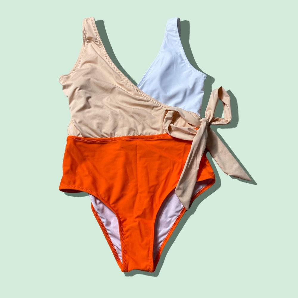 Woman's Aava White Orange Color Block Wrap One Piece Swimsuit NWT Size Small - Picture 2 of 6